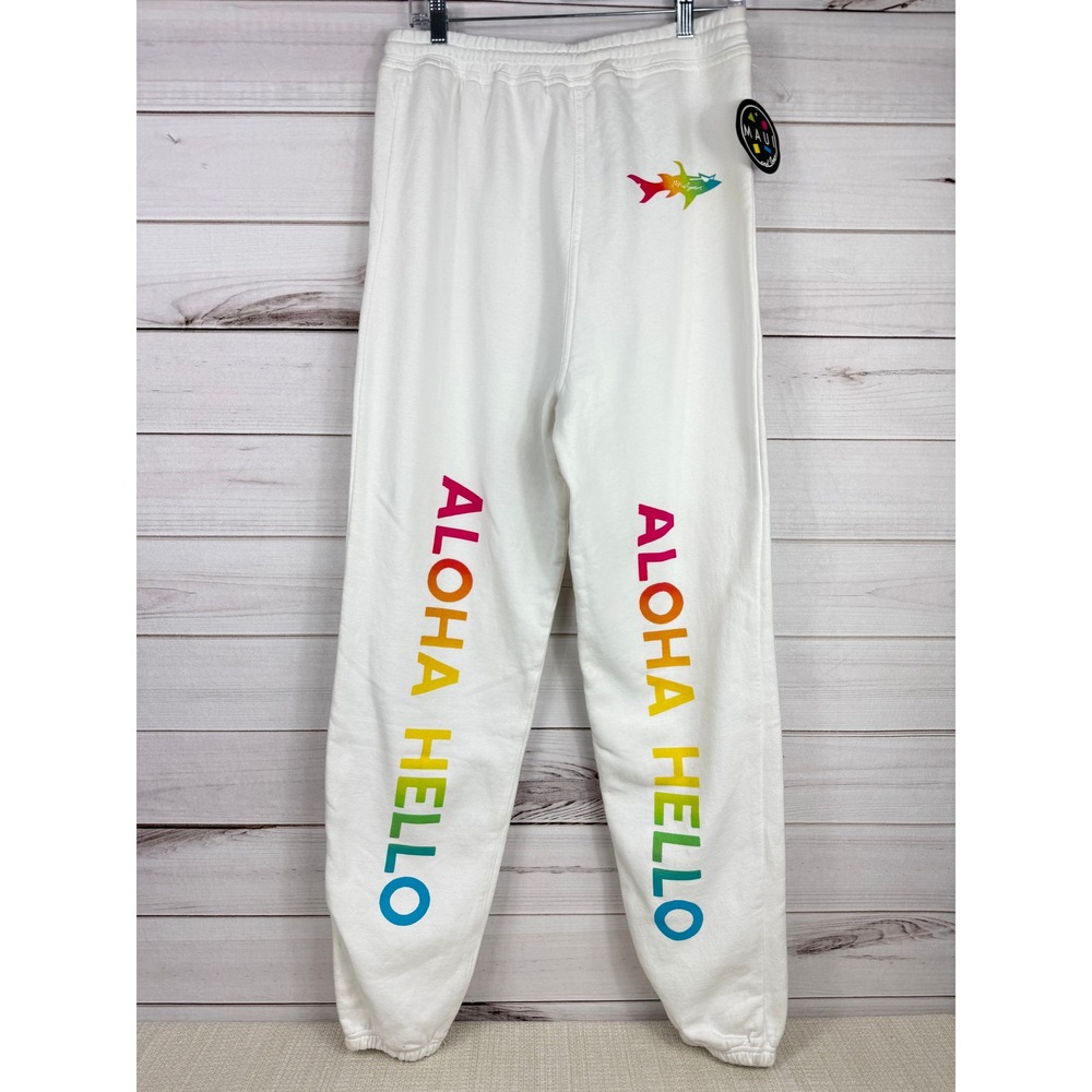 Maui and‎ Sons Aloha Hello Rainbow Shark Jogger Sweatpants White Medium